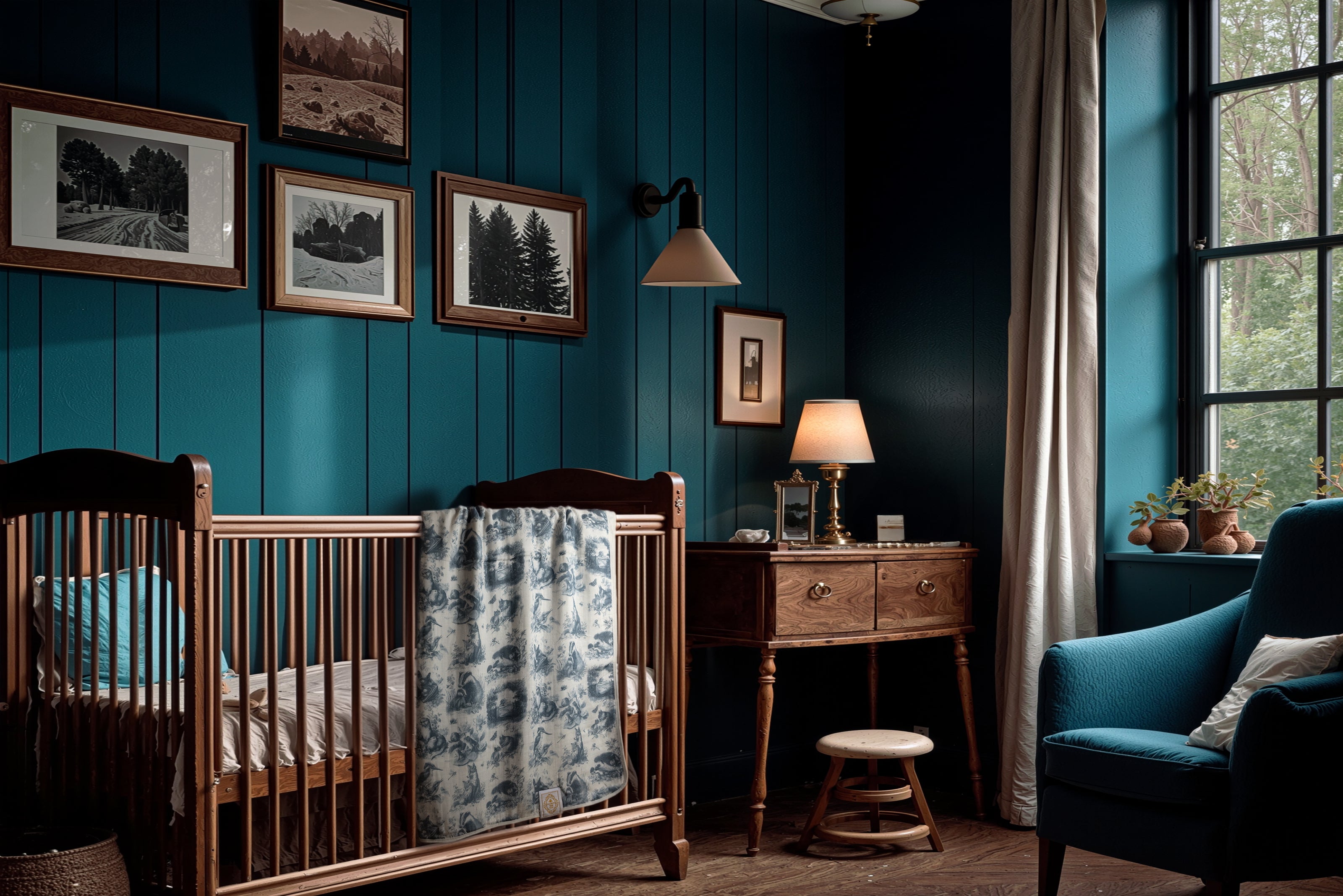 Wildwood Toile Baby Blanket - Dusty Teal