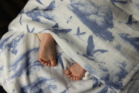 Flamingo Flight Toile Baby Blanket - Heritage Blue