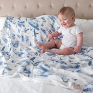 Flamingo Flight Toile Baby Blanket - Heritage Blue