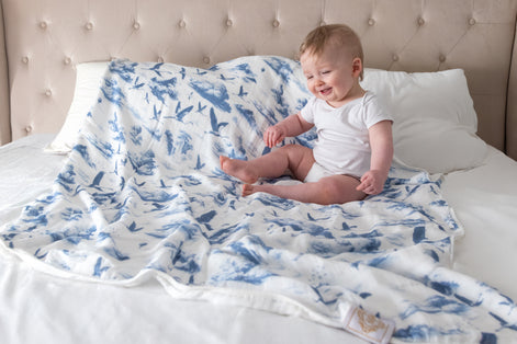 Flamingo Flight Toile Baby Blanket - Heritage Blue