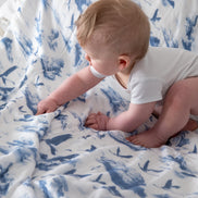 Flamingo Flight Toile Baby Blanket - Heritage Blue