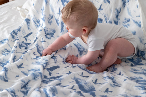 Flamingo Flight Toile Baby Blanket - Heritage Blue