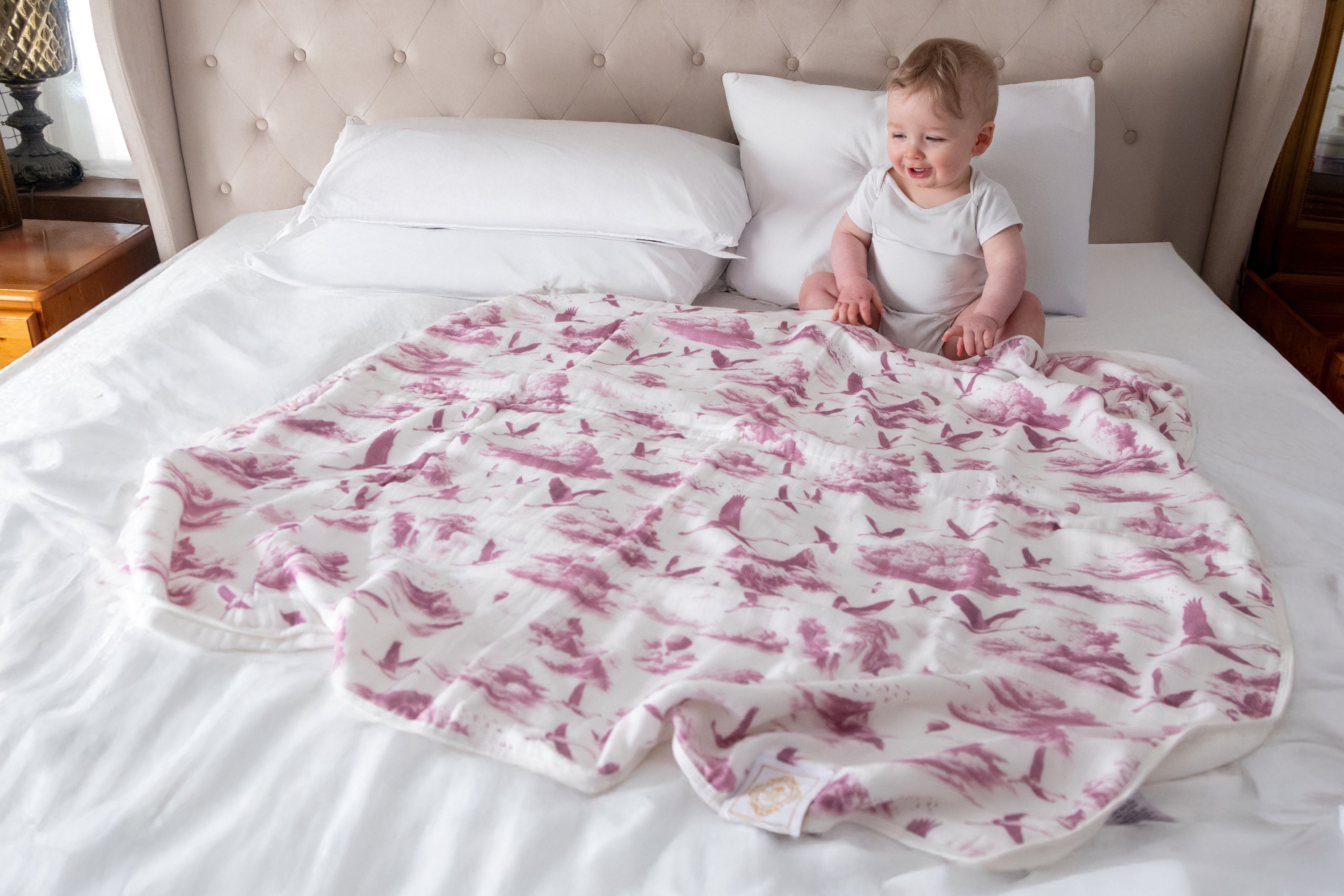 Flamingo Flight Toile Baby Blanket - Antique Rose