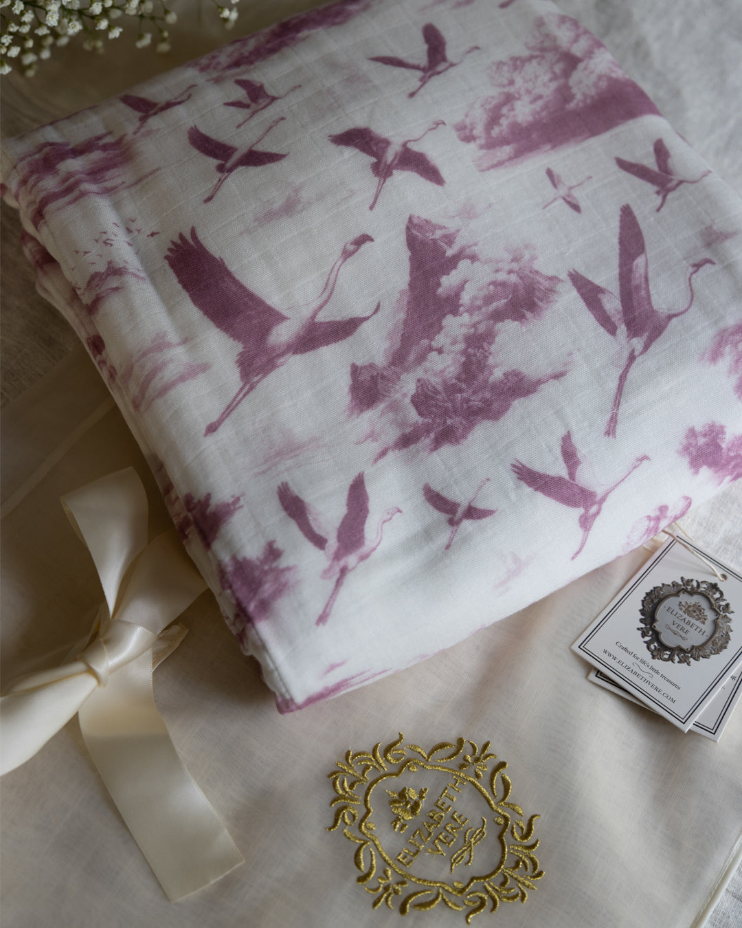 Flamingo Flight Toile Baby Blanket - Antique Rose