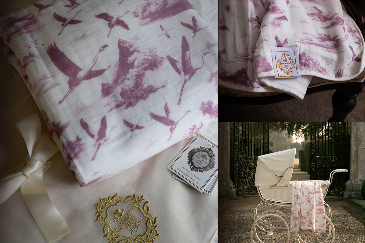 Flamingo Flight Toile Baby Blanket - Antique Rose