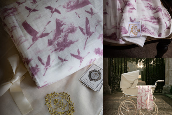 Flamingo Flight Toile Baby Blanket - Antique Rose