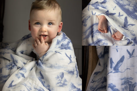 Flamingo Flight Toile Baby Blanket - Heritage Blue
