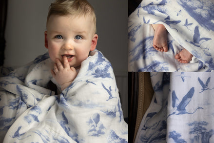 Flamingo Flight Toile Baby Blanket - Heritage Blue