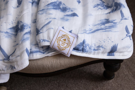 Flamingo Flight Toile Baby Blanket - Heritage Blue