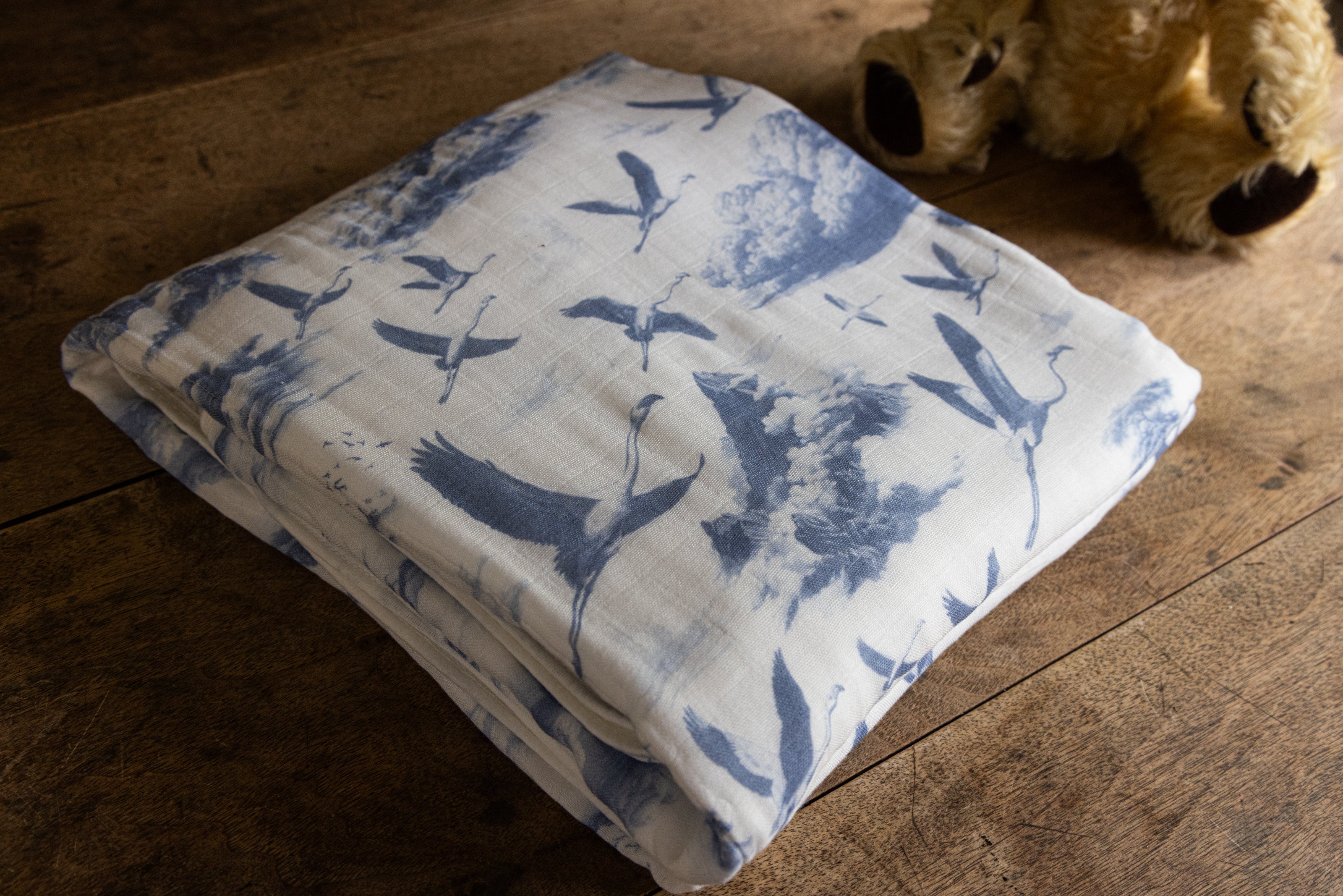 Flamingo Flight Toile Baby Blanket - Heritage Blue