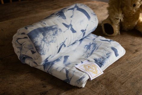 Flamingo Flight Toile Baby Blanket - Heritage Blue