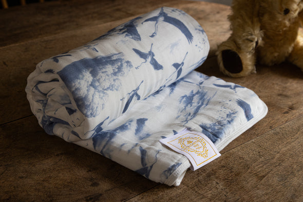 Flamingo Flight Toile Baby Blanket - Heritage Blue